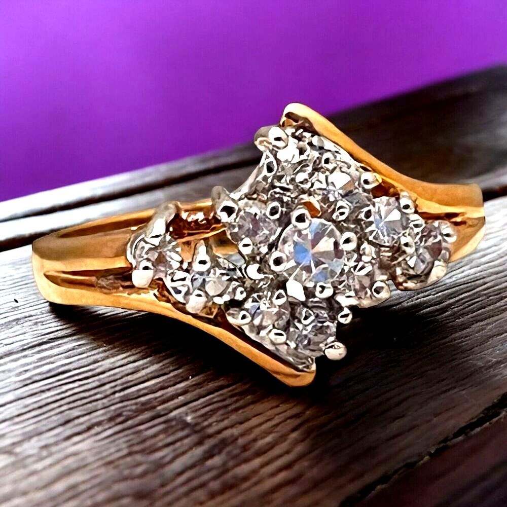 Vintage 1980s CZ Cluster Ring Size 9 14KT Gold Electroplate Cocktail - 14H
